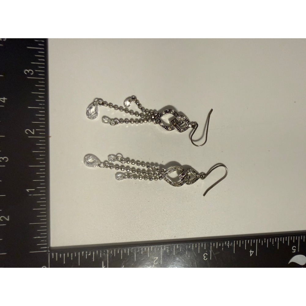 Monet Silver Tone Crystal Dangle Drop Earrings Interlocking Links Triple Strand